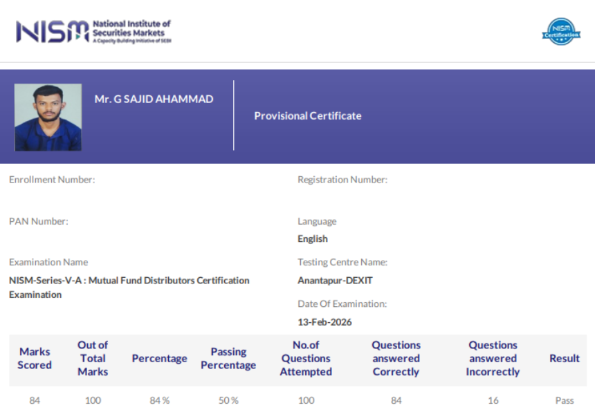 G Sajid Ahammad  NISM Exams Testimonial